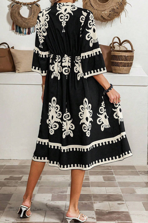 Western Bohemian Paisley Print A-Line Midi Dress