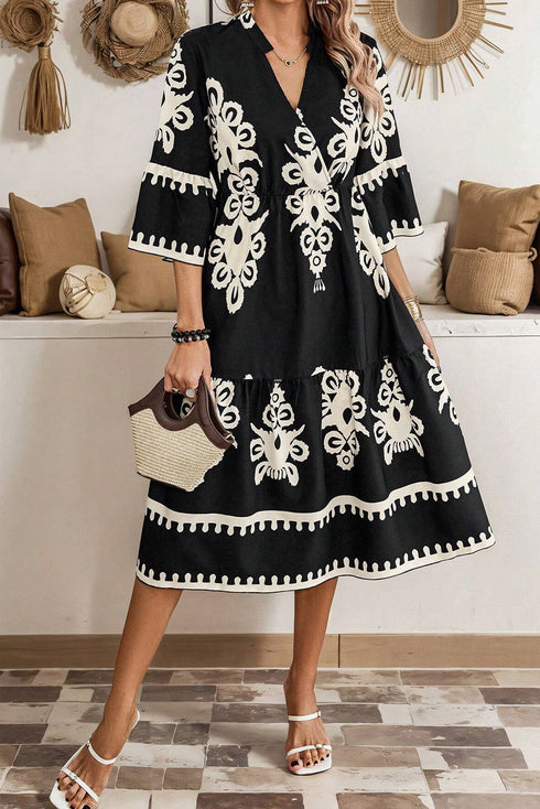 Western Bohemian Paisley Print A-Line Midi Dress