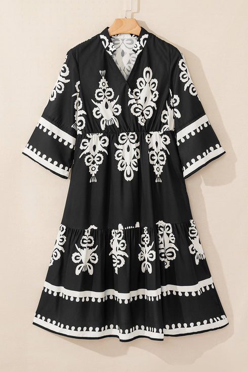 Western Bohemian Paisley Print A-Line Midi Dress