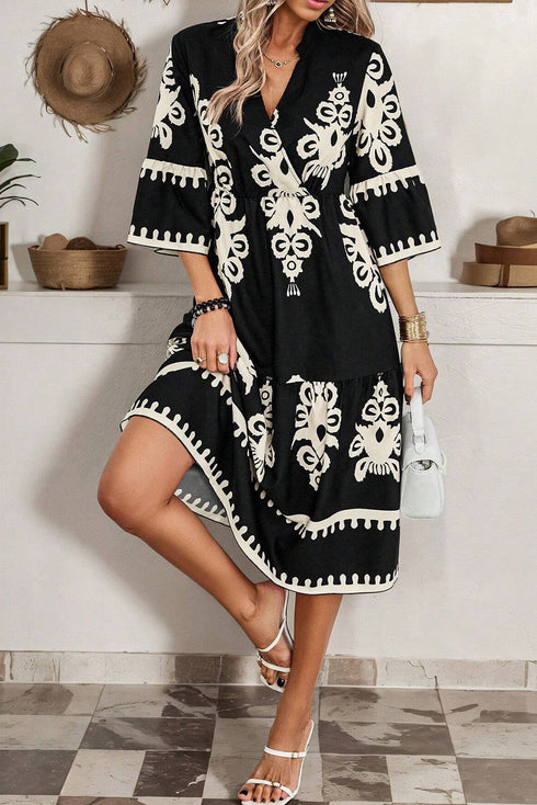 Western Bohemian Paisley Print A-Line Midi Dress