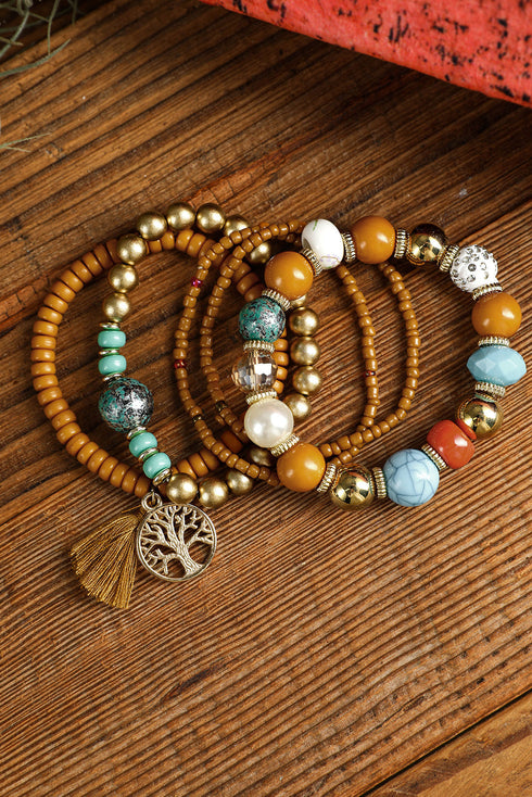 Western Boho Beaded Stone Charm Stackable Bracelet Set