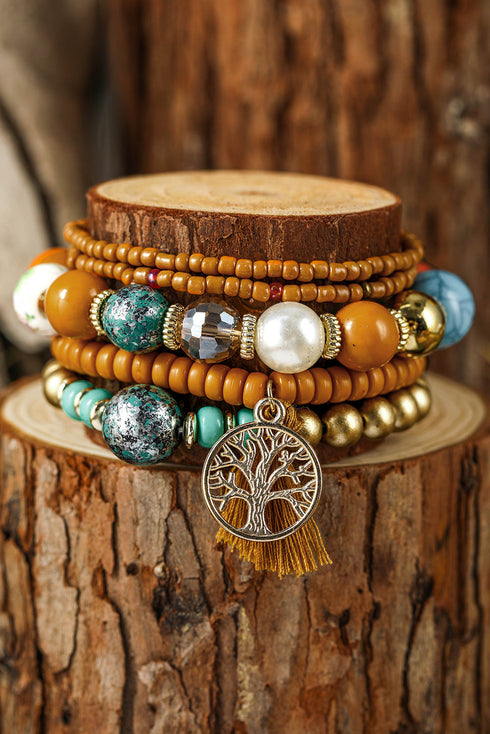 Western Boho Beaded Stone Charm Stackable Bracelet Set