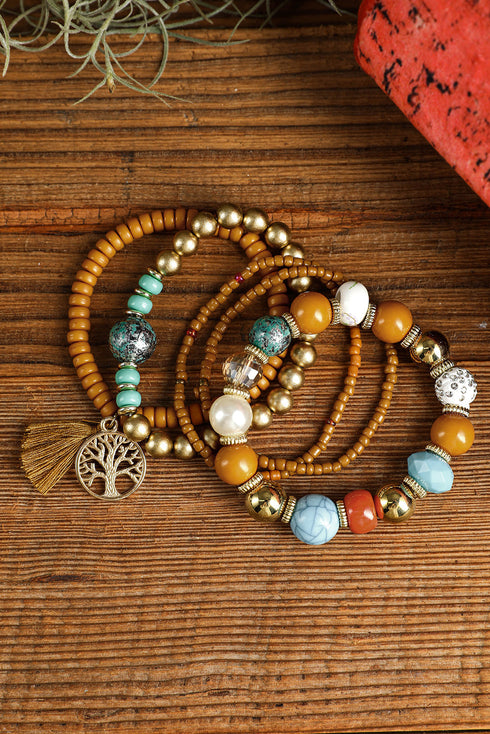 Western Boho Beaded Stone Charm Stackable Bracelet Set