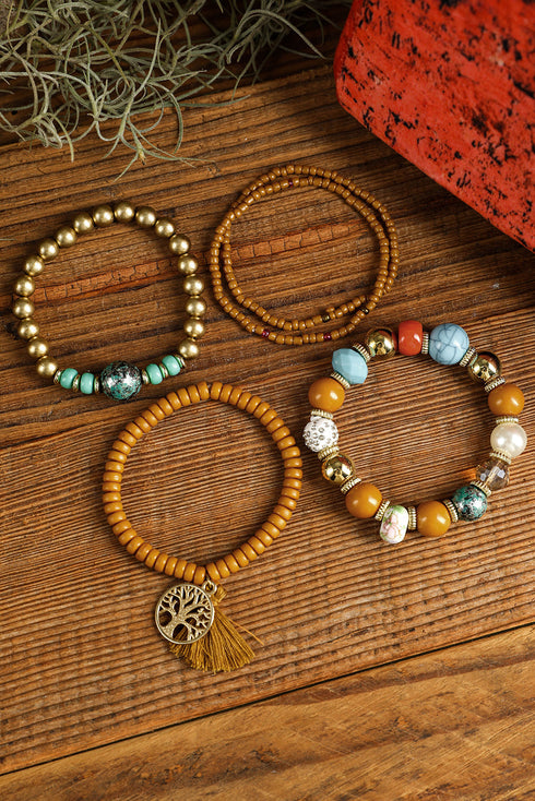 Western Boho Beaded Stone Charm Stackable Bracelet Set