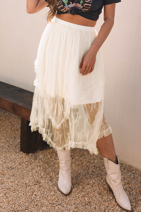 Western Boho Cascading Tiered Lace High Waisted Maxi Skirt