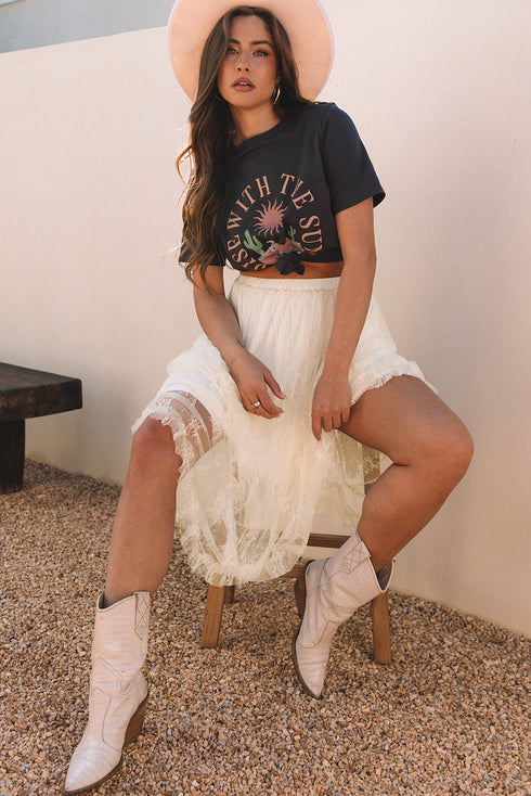 Western Boho Cascading Tiered Lace High Waisted Maxi Skirt