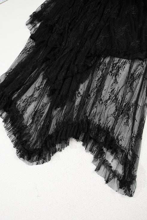 Western Boho Cascading Tiered Lace High Waisted Maxi Skirt