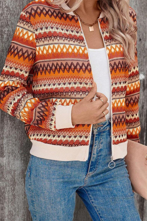 Western Boho Striped Zip Up Long Sleeve Jacket