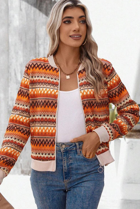 Western Boho Striped Zip Up Long Sleeve Jacket