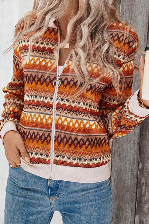 Western Boho Striped Zip Up Long Sleeve Jacket
