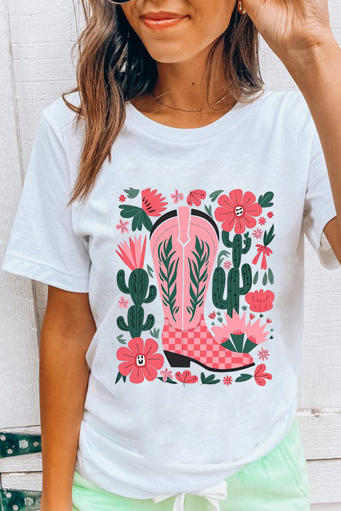 Western Boot And Floral Graphic Print Crew Neck Tee