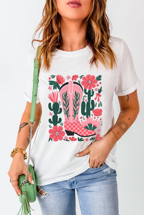 Western Boot And Floral Graphic Print Crew Neck Tee