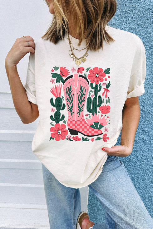 Western Boot And Floral Graphic Print Crew Neck Tee