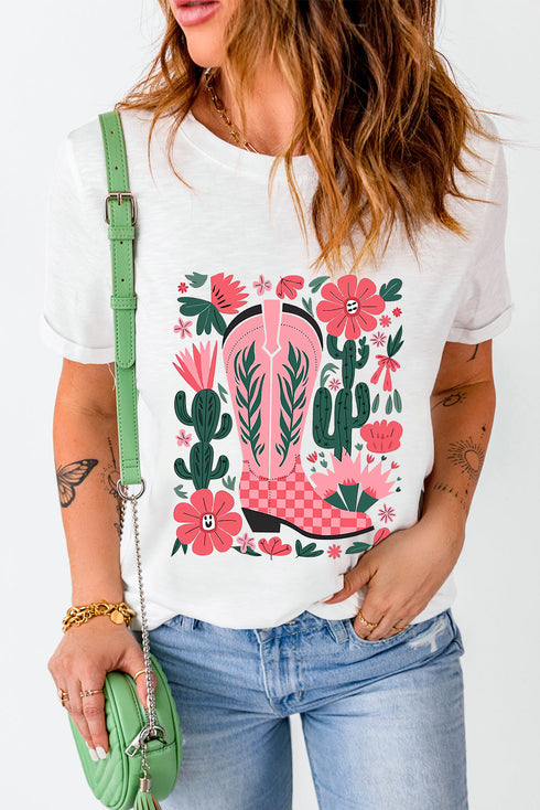 Western Boot And Floral Graphic Print Crew Neck Tee