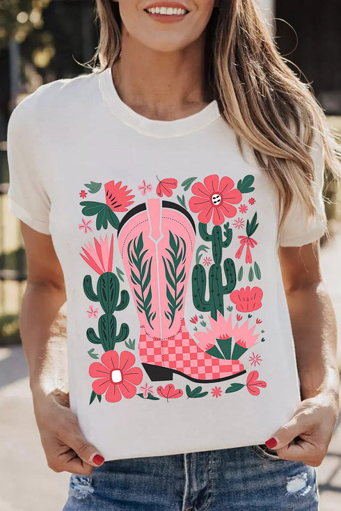 Western Boot And Floral Graphic Print Crew Neck Tee