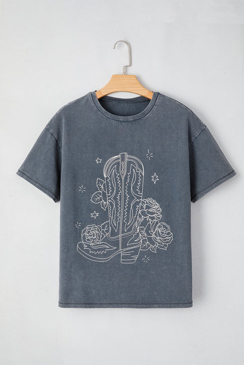 Western Boot And Floral Graphic Relaxed Cotton Tee