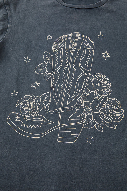 Western Boot And Floral Graphic Relaxed Cotton Tee