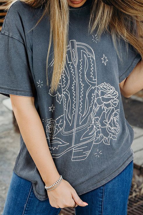 Western Boot And Floral Graphic Relaxed Cotton Tee