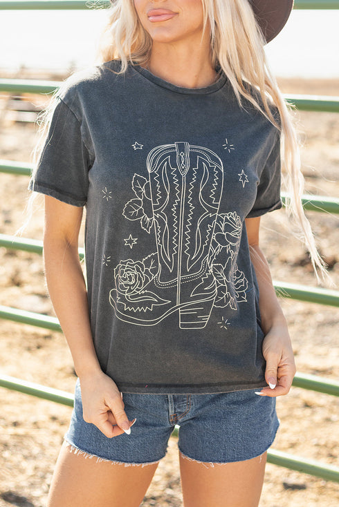 Western Boot And Floral Graphic Relaxed Cotton Tee
