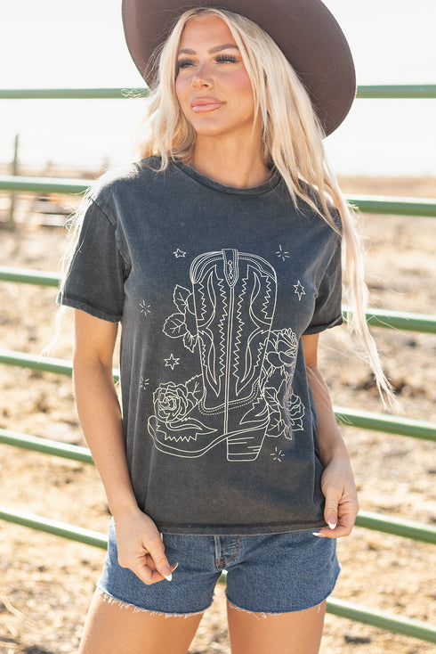 Western Boot And Floral Graphic Relaxed Cotton Tee