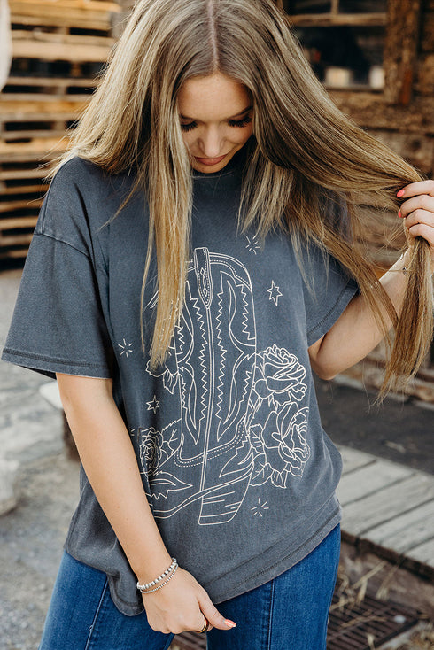 Western Boot And Floral Graphic Relaxed Cotton Tee
