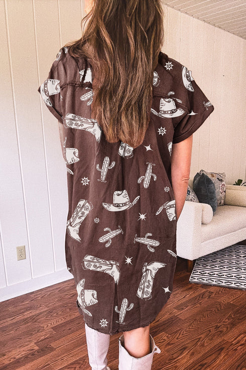 Western Boot Cactus Print Raw Edge Denim Mini Dress