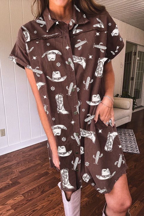 Western Boot Cactus Print Raw Edge Denim Mini Dress