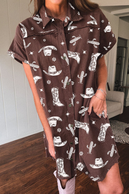 Western Boot Cactus Print Raw Edge Denim Mini Dress