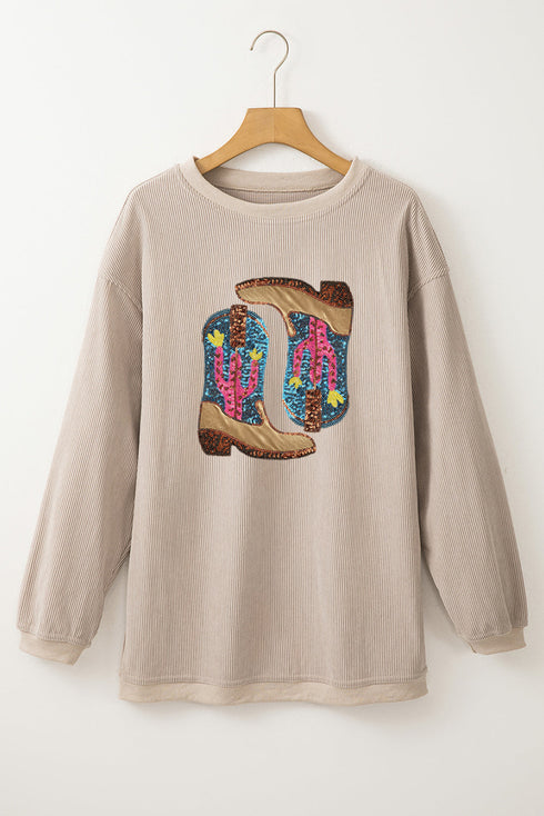 Western Boot Graphic Corduroy Crew Neck Sweatshirt