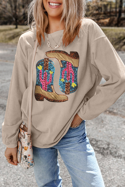 Western Boot Graphic Corduroy Crew Neck Sweatshirt