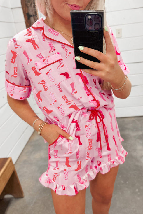 Western Boot Print Short Sleeve Ruffled Shorts Pajama Set