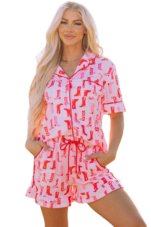 Western Boot Print Short Sleeve Ruffled Shorts Pajama Set