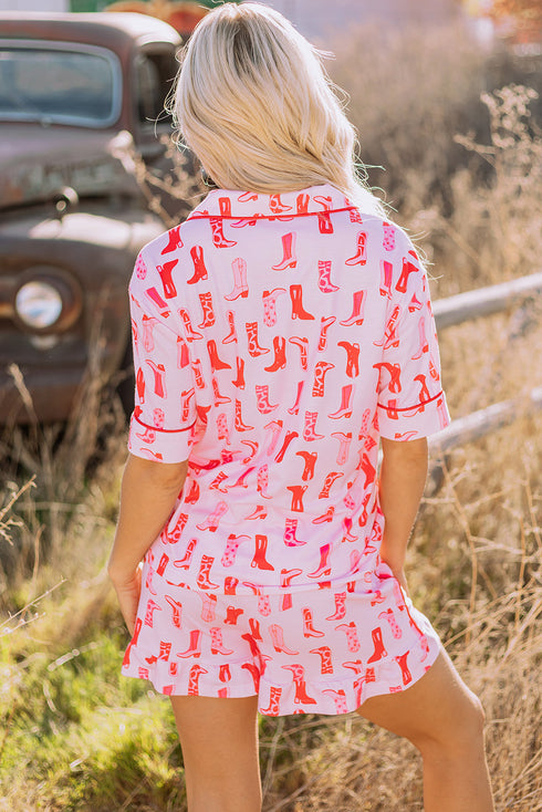 Western Boot Print Short Sleeve Ruffled Shorts Pajama Set