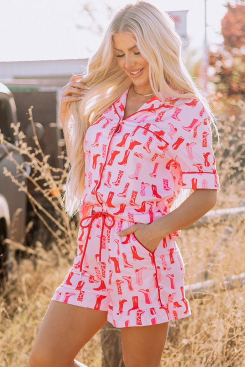 Western Boot Print Short Sleeve Ruffled Shorts Pajama Set