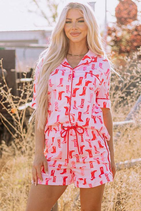 Western Boot Print Short Sleeve Ruffled Shorts Pajama Set