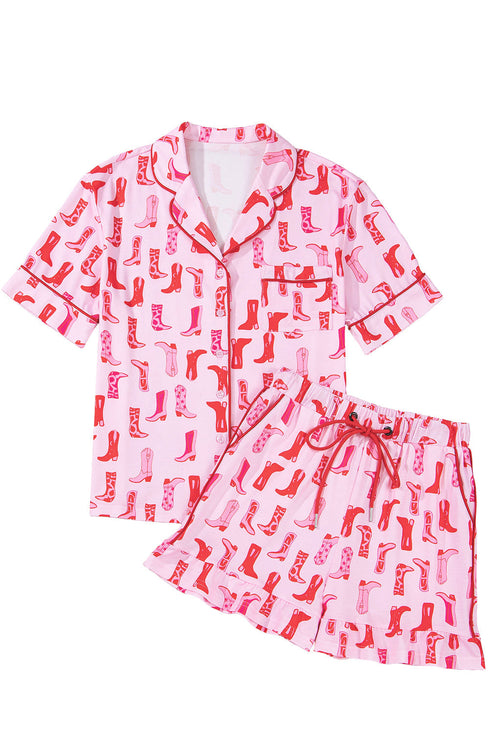Western Boot Print Short Sleeve Ruffled Shorts Pajama Set