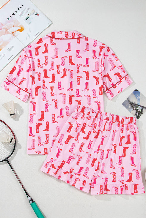 Western Boot Print Short Sleeve Ruffled Shorts Pajama Set