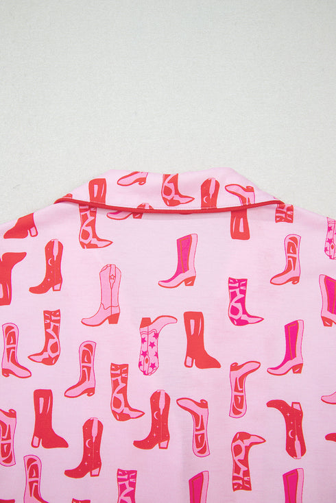 Western Boot Print Short Sleeve Ruffled Shorts Pajama Set