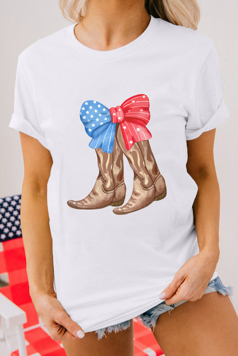 Western Boots And Bow Graphic Print Crew Neck Tee