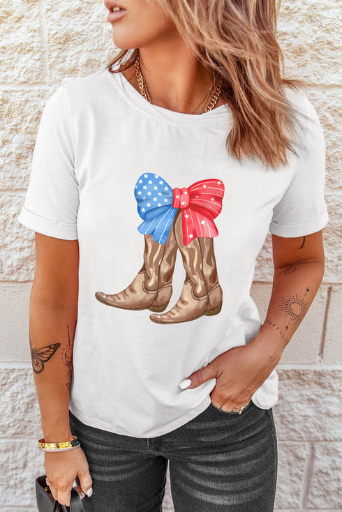 Western Boots And Bow Graphic Print Crew Neck Tee