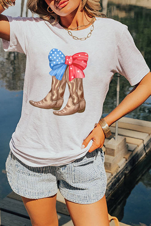 Western Boots And Bow Graphic Print Crew Neck Tee