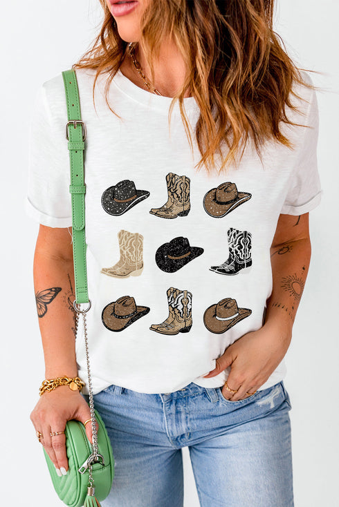 Western Boots And Hat Graphic Print Casual Tee