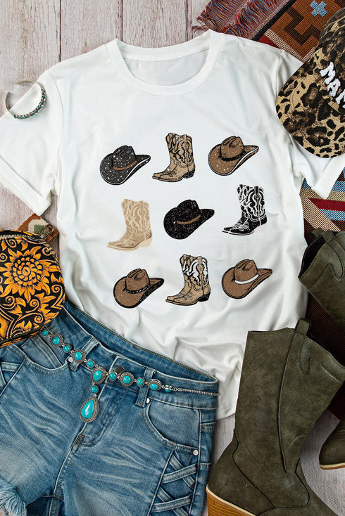 Western Boots And Hat Graphic Print Casual Tee