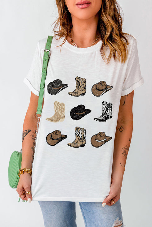 Western Boots And Hat Graphic Print Casual Tee