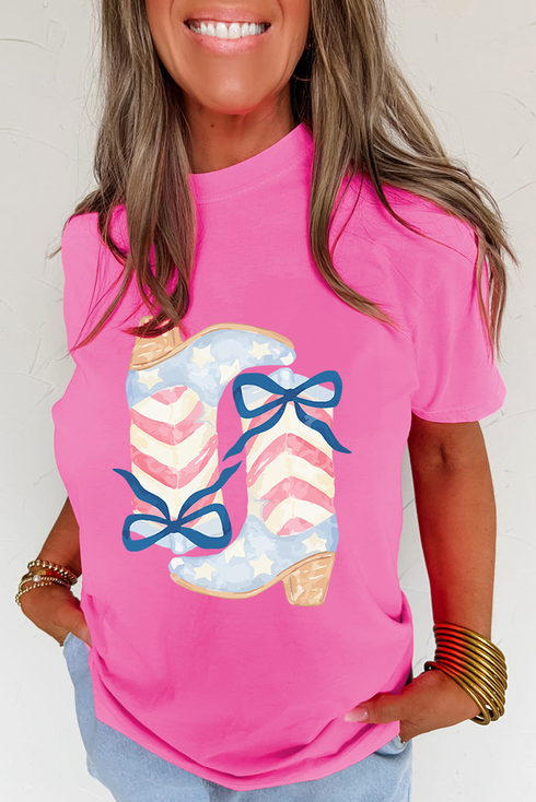 Western Boots Bow Graphic Print Casual Short Sleeve Tee