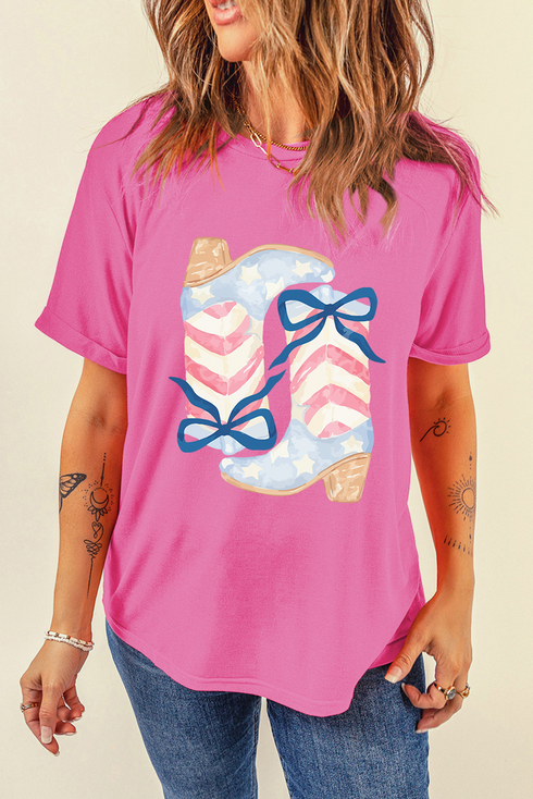 Western Boots Bow Graphic Print Casual Short Sleeve Tee