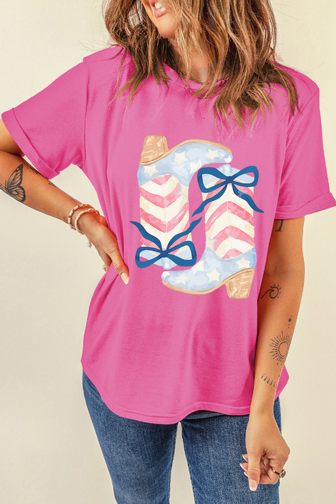 Western Boots Bow Graphic Print Casual Short Sleeve Tee