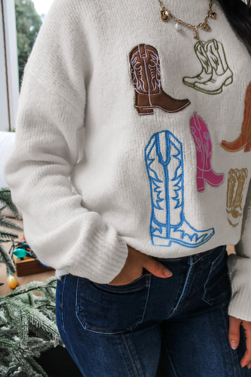 Western Boots Embroidered Drop Shoulder Pullover Sweater