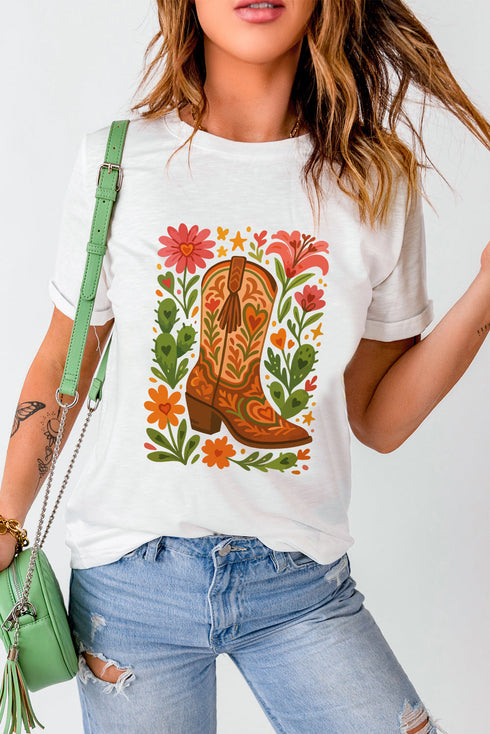 Western Boots Floral Print Short Sleeve Graphic Tee