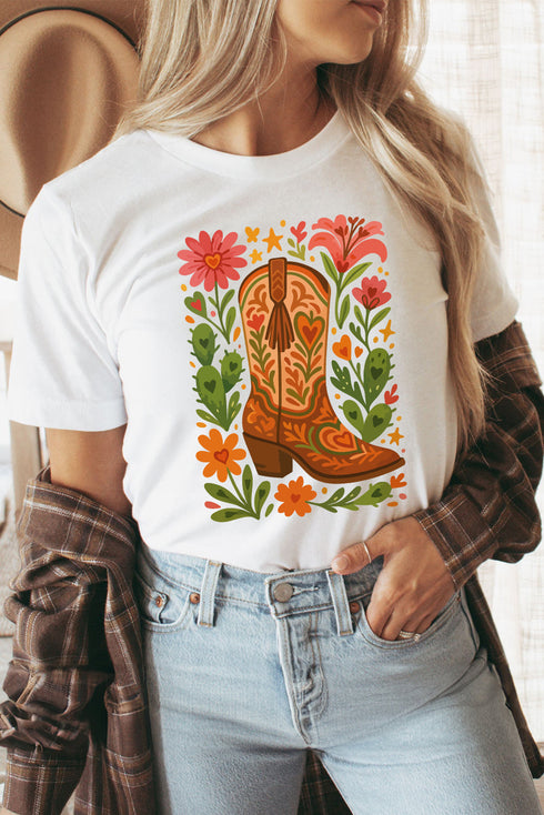 Western Boots Floral Print Short Sleeve Graphic Tee